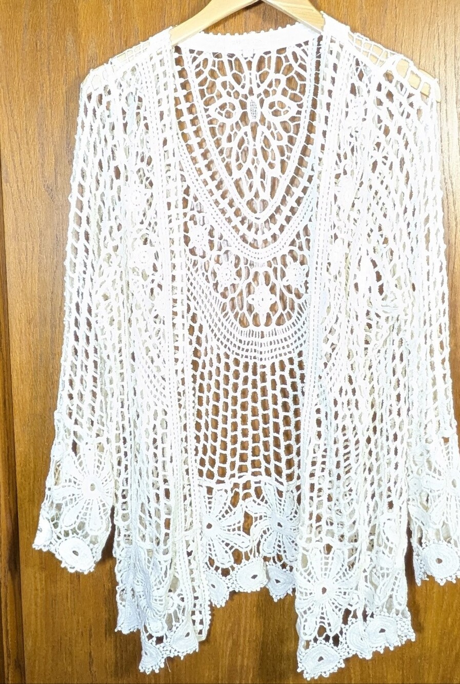 Rebellion Cotton Crocheted Open Cardigan Boho Festival Stretchy Cream Sz XS